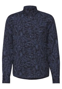 Námořnická košile s knoflíky a vzorem listů v tmavě modré barvě, s dlouhými rukávy a límečkem. Vyrobena z lehkého materiálu.