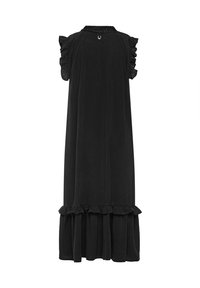 Musta samettimekko, jossa on röyhelöhihat, kootut helmat ja levenevä helma. Kaula-aukossa nappikiinnitys.