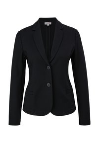Zwarte op maat gemaakte blazer met notch revers, twee voorknopjes en zijzakken, weergegeven tegen een witte achtergrond.