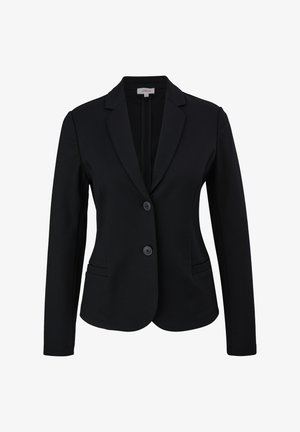 Blazer noir ajusté avec revers crantés, deux boutons à l'avant et poches latérales, présenté sur un fond blanc.