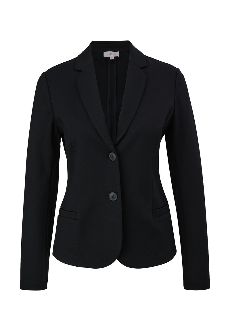 Blazer noir ajusté avec revers crantés, deux boutons à l'avant et poches latérales, présenté sur un fond blanc.
