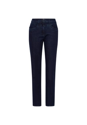 Jeans en denim bleu foncé avec une coupe droite, poches avant et fermeture éclair. Des coutures claires le long des poches et des coutures ajoutent des détails.