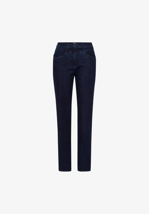Dunkelblaue Denim-Jeans mit geradem Bein, Fronttaschen und einem Reißverschluss. Helle Nähte entlang der Taschen und Nähte setzen Akzente.