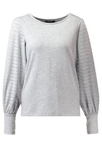 Gray long-sleeve shirt with a round neckline. Soft jersey fabric, featuring textured striped sleeves with elastic cuffs.