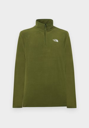 Olive rohelise pikemate varrukatega fliis, millel on kvartstõmblukk ja The North Face'i logo vasakul rinnal heleda halli tausta ees.