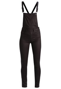 Czarne, taliowane ogrodniczki z wysokim stanem, regulowanymi ramiączkami i przednim fartuszkiem, wyposażone w kieszenie i detale zapinane.