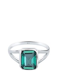 Anello in argento sterling con pietra quadrata di smeraldo di colore blu-verde, caratterizzato da una fascia liscia e una finitura lucida. Punzonato "925."