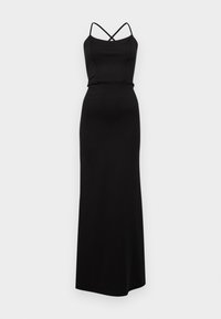 Črna maksi obleka s tankimi, križnimi naramnicami, prilegajočim zgornjim delom in gladkim, raztegljivim materialom. Dolžina do tal z minimalističnim dizajnom.