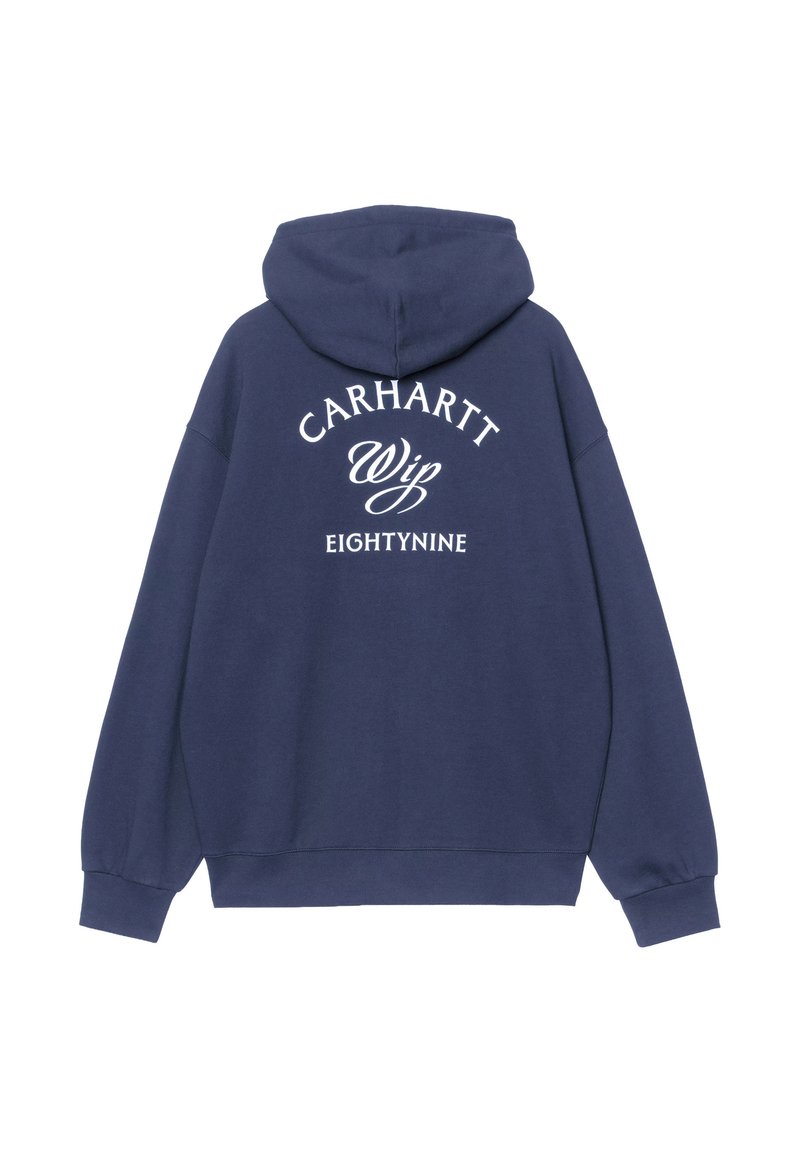 Sudadera azul marino con capucha, mangas largas y texto blanco "CARHARTT Wip EIGHTYNINE" impreso en la espalda.