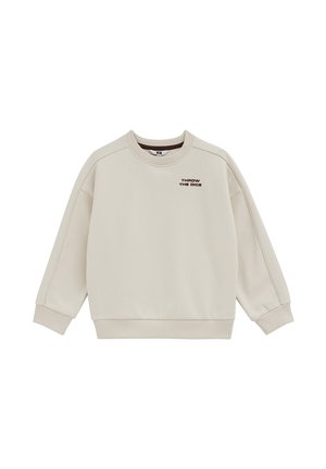 Beiger Sweatshirt mit langen Ärmeln, Rippenbündchen und Saum, rundem Ausschnitt und "THROW THE DICE" Schriftzug auf der oberen linken Brust.