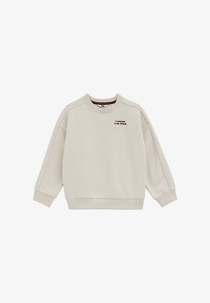 Sweat-shirt beige à manches longues avec poignets et ourlet côtelés, col rond et texte "THROW THE DICE" sur le haut gauche de la poitrine.