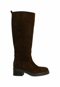 Brown suede knee-high boot with a wide shaft, block heel, and subtle stitching details. Sturdy black rubber sole for durability.