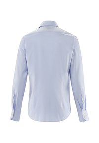 Hellblaues Langarmhemd mit glatter Textur, klassischem Kragen und geknöpften Manschetten. Verfügt über einen abgerundeten Saum und keine sichtbaren Muster.