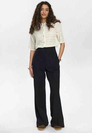 Light beige short-sleeve lace blouse with button front, paired with high-waisted dark navy wide-leg trousers and brown footwear.