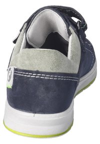 Blue suede shoe with a gray heel, white stitching, and a green accent on the sole. Includes a hook-and-loop strap for closure.