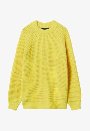 Geel gebreid sweater met een gestructureerd, wafelpatroon, ronde hals en lange raglanmouwen. Ribgebreide manchetten en zoomdetail.