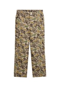 Vihreistä, ruskeista ja vaaleanruskeista kankaista valmistetut camo cargo-housut. Varustettu kahdella sivutaskulla, joustavalla vyötäröllä ja suoralla leikkauksella. Kestävä rakenne.