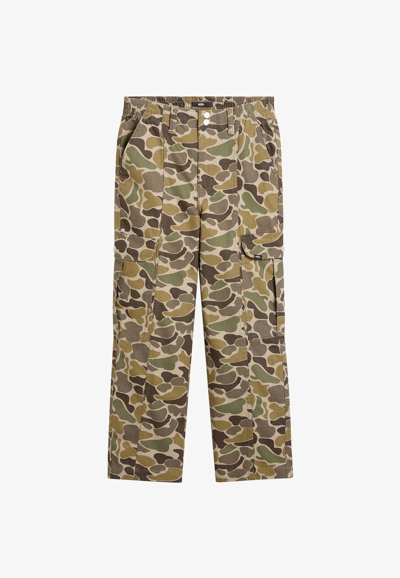 Pantalons cargo camouflés en tissu vert, marron et beige. Caractéristiques : deux poches latérales, taille élastique et coupe droite. Texture durable.