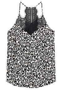 Camisole w panterkę w kolorze kremowym i czarnym, z koronkowymi detalami z tyłu, cienkimi, regulowanymi ramiączkami i luźnym krojem.