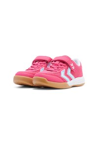 Rosa Sportschuhe mit Netzoberteil, ausgestattet mit weißen und blauen Akzenten sowie einem Klettverschluss. Gummigummisohle für Traktion.