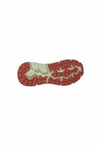 Suela de zapato con banda de rodadura de goma roja y beige que presenta surcos profundos y un patrón de agarre texturizado para uso al aire libre.