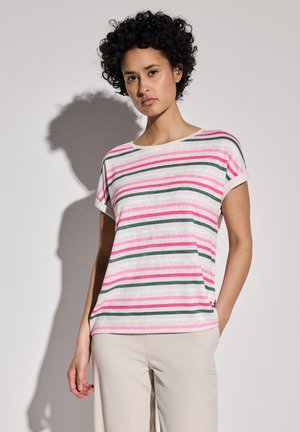 Gestreept T-shirt in witte, roze en groene tinten. Zachte stof, korte mouwen, ronde halslijn en relaxte pasvorm. Gedragen met lichtgekleurde broeken.
