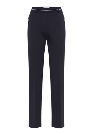 Marineblauwe broek met een gladde textuur, recht model, contrasterende witte tailleband en zijzakken met ritssluiting.