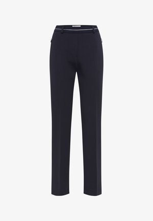 Pantalons bleu marine avec une texture lisse, design à jambes droites, ceinture blanche contrastante et poches zippées sur le côté.
