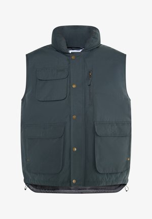 Mørkegrøn isoleret vest med høj krave, flere frontlommer, snapknapper i guldfarve og en lynlåslomme på brystet.