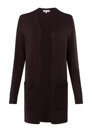 Dunkelbrauner Strickcardigan mit lockerer Passform, offenem Vorderteil, langen Ärmeln, gerippten Bündchen und zwei vorderen Taschen. Weiche Textur ohne Muster.
