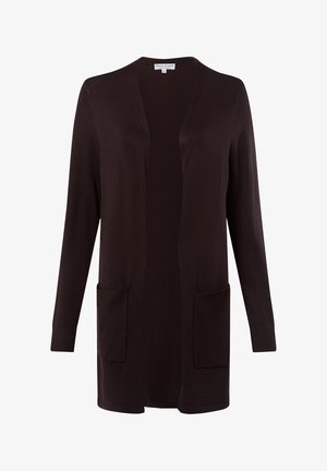 Ciemnobrązowy sweter kardigan o luźnym kroju, z otwartym przodem, długimi rękawami, prążkowanymi mankietami oraz dwoma przednimi kieszeniami. Miękka faktura, bez wzorów.