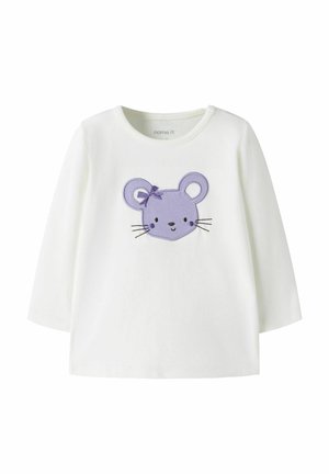 T-shirt blanc à manches longues pour tout-petit avec une applique visage de souris violet portant un petit nœud en haut à gauche.