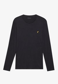 Pikad varrukad must t-särk, mis on valmistatud pehmest puuvillast, ümarate kaelustega ja vasakul rinnal väikese kollase tikandiga logoga.