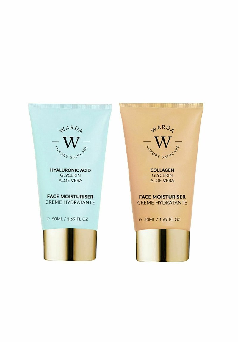 Dwie tubki nawilżacza, jedna jasnoniebieska, a druga jasnobrązowa, obie z złotymi zakrętkami. Etykiety wskazują na formuły z kwasem hialuronowym i kolagenem.