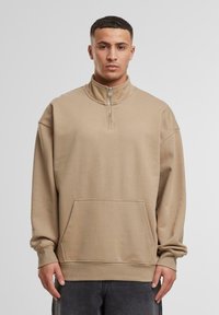 Beige sweatshirt met een hoge kraag, kwart-rits en voorzak. Zachte stof, losse pasvorm en geribbelde manchetten. Simpel en minimalistisch ontwerp.