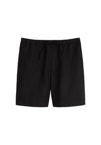 Schwarze Leinenshorts mit einem Kordelzugbund, seitlichen Taschen und einer lockeren Passform. Sie verfügen über eine glatte Textur und ein schlichtes Design.