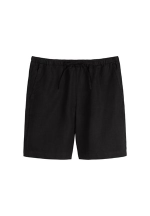 Black linen shorts with a drawstring waistband, side pockets, and a loose fit. Features a smooth texture and simple design.