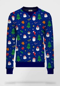 Felpa blu con un motivo festivo che presenta volti di Babbo Natale, renne, alberi, regali e fiocchi di neve. Maniche e orlo a costine. Tessuto morbido.