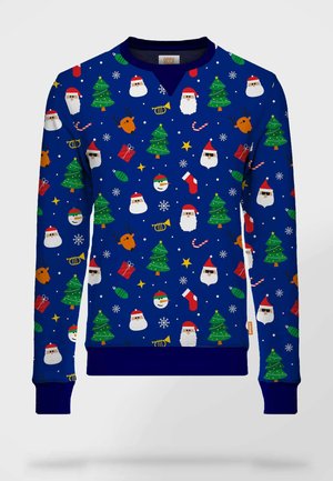 Sweatshirt bleu avec un motif festif comprenant des visages de Santa, des rennes, des arbres, des cadeaux et des flocons de neige. Manches et ourlet côtelés. Texture douce.