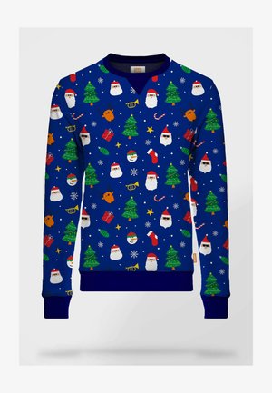 Sweatshirt bleu avec un motif festif comprenant des visages de Santa, des rennes, des arbres, des cadeaux et des flocons de neige. Manches et ourlet côtelés. Texture douce.