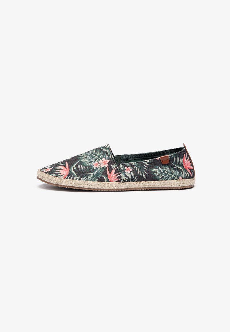 Floral canvas espadrille with a black background, featuring pink and green leaf patterns, jute rope sole, and a small brown accent.