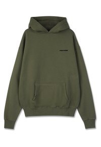 Felpa con cappuccio verde oliva, dotata di tasca a marsupio frontale e piccolo logo nero "PEGADOR" sul lato sinistro del petto.