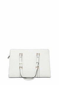 Borsa a tracolla in pelle bianca con due cinturini regolabili, di forma rettangolare piatta, e dettagli in metallo dorato. Texture liscia e design minimalista.