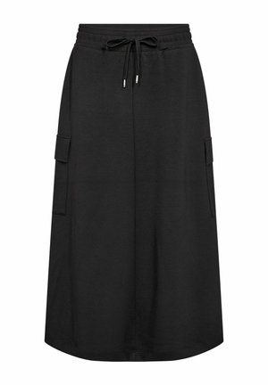 Black, knee-length skirt made of soft fabric. Features elastic waistband with drawstring and two side cargo pockets. Simple and straight design.