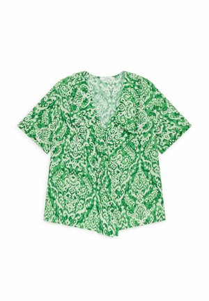 Blusa a maniche corte con motivo floreale astratto verde e bianco e ampio colletto con rever.