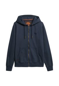 Marineblauwe rits hoodie gemaakt van zachte stof, met een voorrits, twee voorzakken en een verstelbare trekkoordcapuchon.