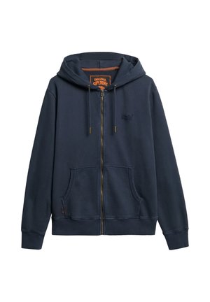 Marineblauwe rits hoodie gemaakt van zachte stof, met een voorrits, twee voorzakken en een verstelbare trekkoordcapuchon.