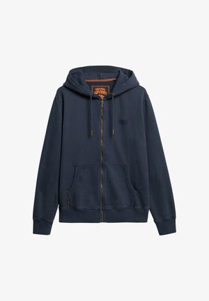 Marineblå zip-up hoodie lavet af blødt stof, med en frontlynlås, to frontlommer og justerbar snor i hætten.