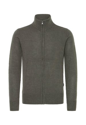 Cardigan lavorato a maglia verde scuro con colletto alto e zip frontale. Presenta polsini e orlo a coste. Realizzato in un morbido tessuto testurizzato.