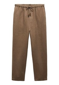 Pantalon en lin marron avec une taille à cordon de serrage, orné de deux perles décoratives. Coupe ample avec jambes droites et texture douce.